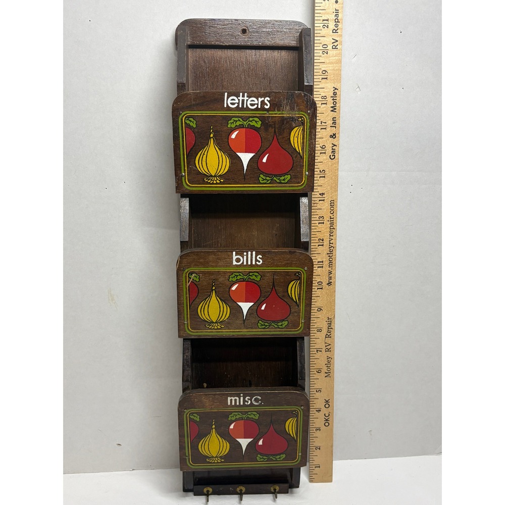 VTG Wood Wall Mail Organizer 3 Tier Key Hook Vegetable MCM Grandmacore Farmhouse